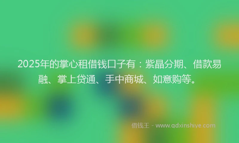 2025年的掌心租借钱口子有：紫晶分期、借款易融、掌上贷通、手中商城、如意购等。