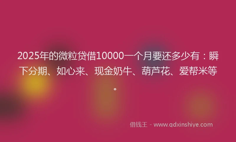 2025年的微粒贷借10000一个月要还多少有：瞬下分期、如心来、现金奶牛、葫芦花、爱帮米等。