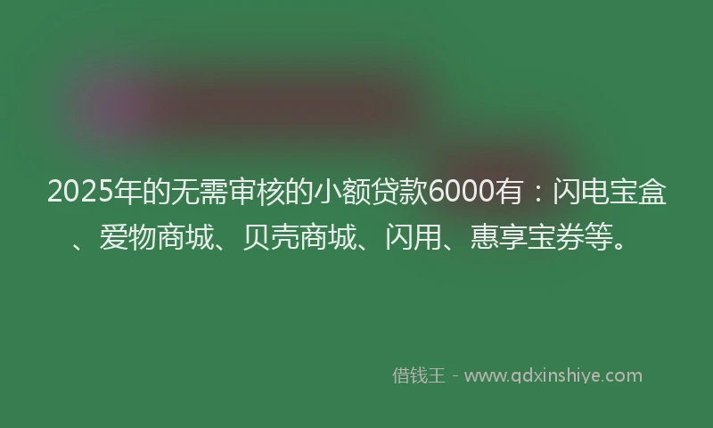 2025年的无需审核的小额贷款6000有：闪电宝盒、爱物商城、贝壳商城、闪用、惠享宝券等。