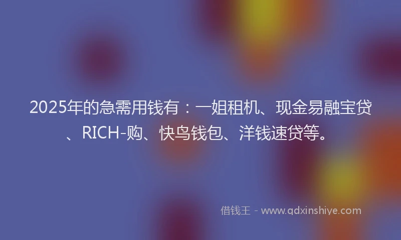 2025年的急需用钱有：一姐租机、现金易融宝贷、RICH-购、快鸟钱包、洋钱速贷等。