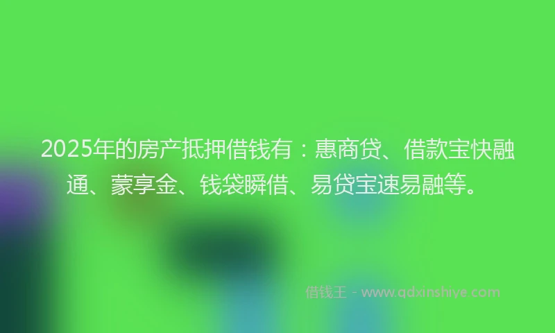 2025年的房产抵押借钱有：惠商贷、借款宝快融通、蒙享金、钱袋瞬借、易贷宝速易融等。