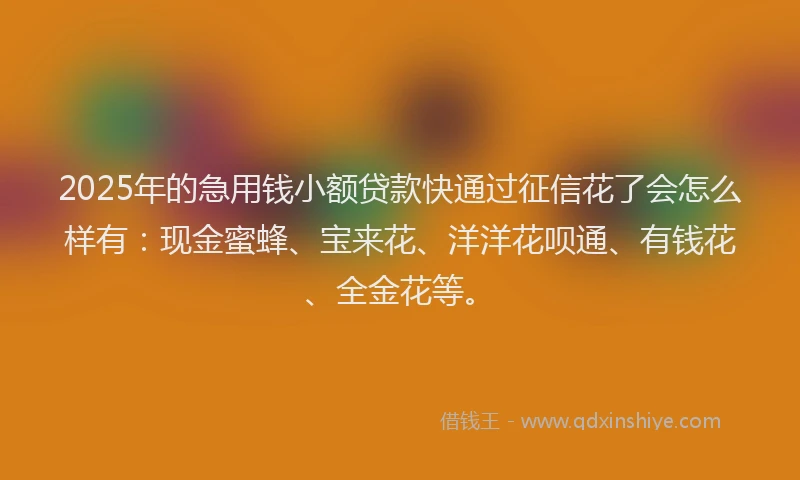 2025年的急用钱小额贷款快通过征信花了会怎么样有：现金蜜蜂、宝来花、洋洋花呗通、有钱花、全金花等。