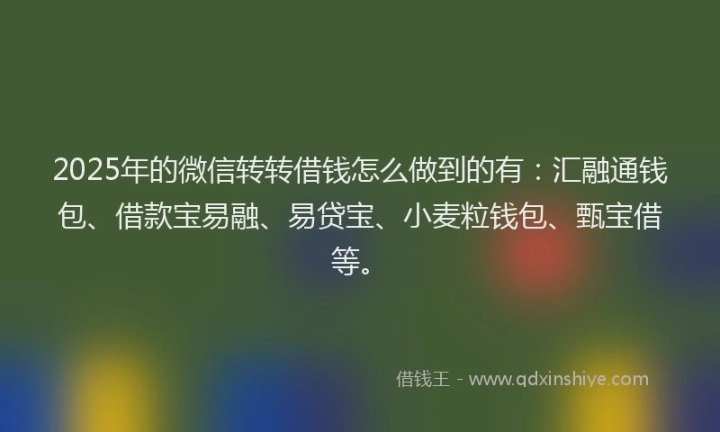 2025年的微信转转借钱怎么做到的有：汇融通钱包、借款宝易融、易贷宝、小麦粒钱包、甄宝借等。