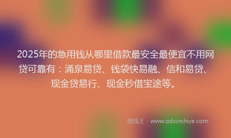 2025年的急用钱从哪里借款最安全最便宜不用网贷可靠有：涌泉易贷、钱袋快易融、信和易贷、现金贷易行、现金秒借宝途等。