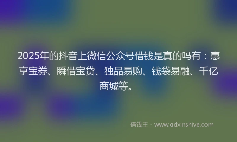 2025年的抖音上微信公众号借钱是真的吗有：惠享宝券、瞬借宝贷、独品易购、钱袋易融、千亿商城等。