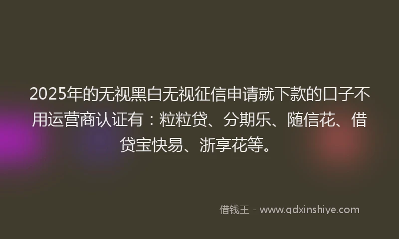 2025年的无视黑白无视征信申请就下款的口子不用运营商认证有：粒粒贷、分期乐、随信花、借贷宝快易、浙享花等。