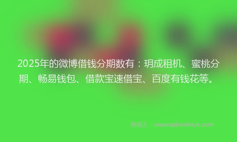 2025年的微博借钱分期数有：玥成租机、蜜桃分期、畅易钱包、借款宝速借宝、百度有钱花等。