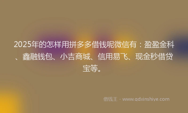2025年的怎样用拼多多借钱呢微信有：盈盈金科、鑫融钱包、小吉商城、信用易飞、现金秒借贷宝等。