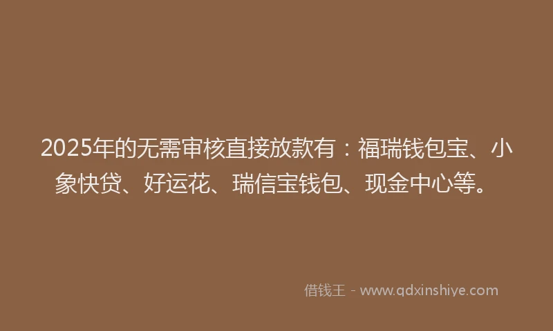 2025年的无需审核直接放款有：福瑞钱包宝、小象快贷、好运花、瑞信宝钱包、现金中心等。
