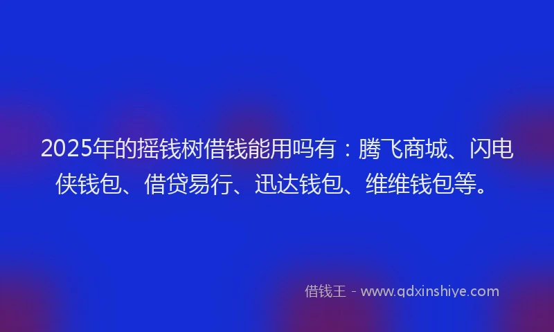 2025年的摇钱树借钱能用吗有：腾飞商城、闪电侠钱包、借贷易行、迅达钱包、维维钱包等。