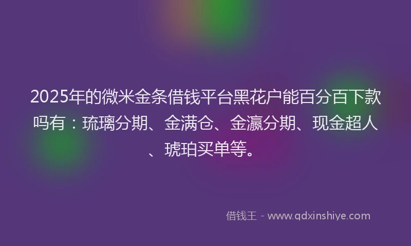 2025年的微米金条借钱平台黑花户能百分百下款吗有：琉璃分期、金满仓、金瀛分期、现金超人、琥珀买单等。