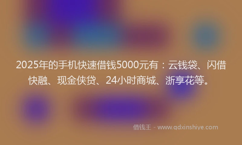 2025年的手机快速借钱5000元有：云钱袋、闪借快融、现金侠贷、24小时商城、浙享花等。