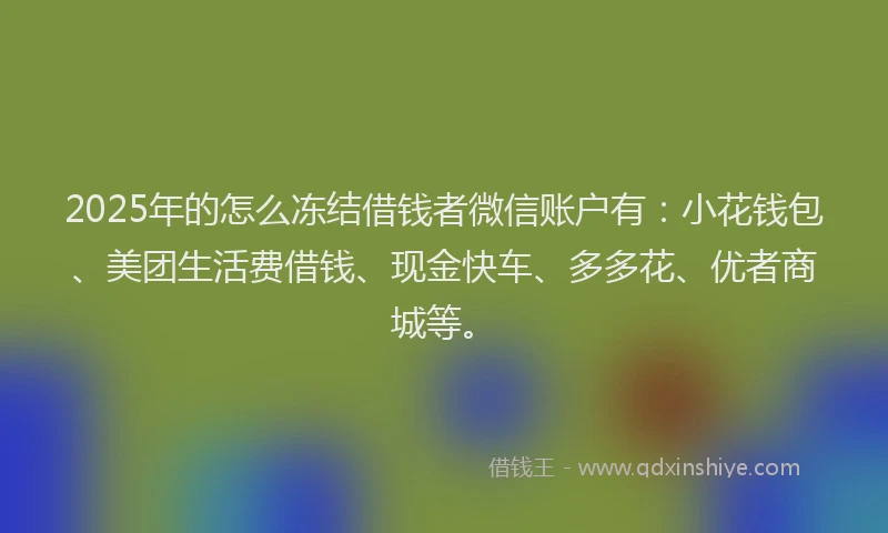 2025年的怎么冻结借钱者微信账户有：小花钱包、美团生活费借钱、现金快车、多多花、优者商城等。