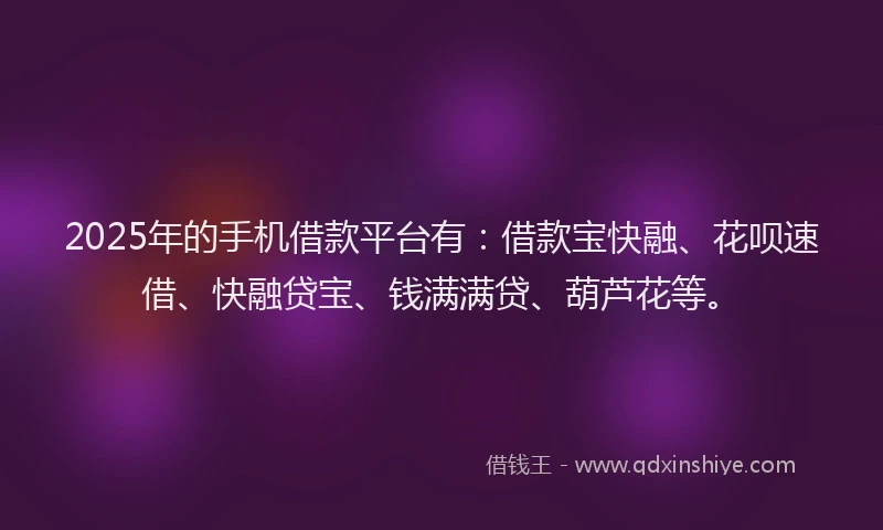 2025年的手机借款平台有：借款宝快融、花呗速借、快融贷宝、钱满满贷、葫芦花等。