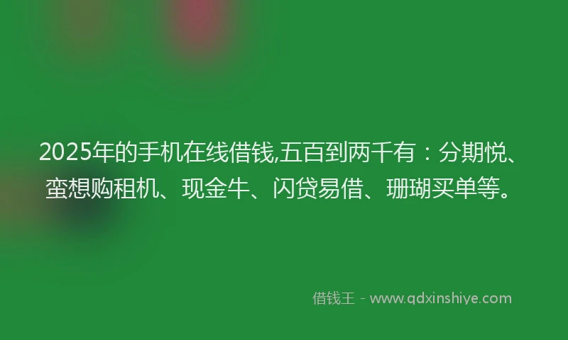2025年的手机在线借钱,五百到两千有：分期悦、蛮想购租机、现金牛、闪贷易借、珊瑚买单等。
