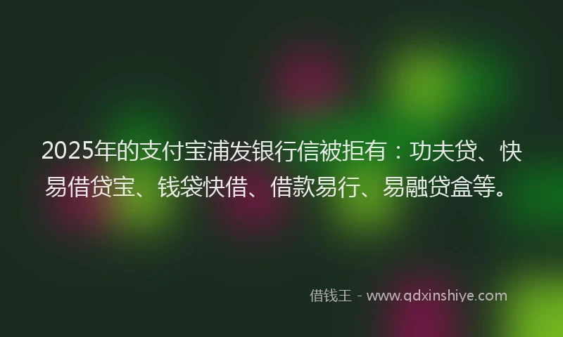 2025年的支付宝浦发银行信被拒有：功夫贷、快易借贷宝、钱袋快借、借款易行、易融贷盒等。