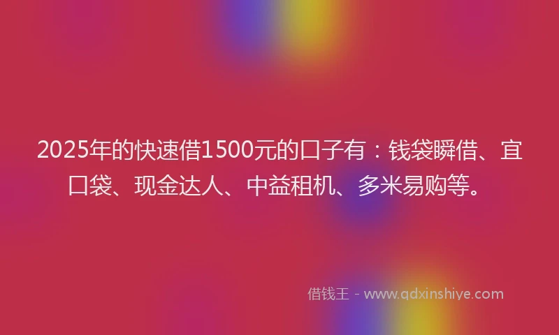 2025年的快速借1500元的口子有：钱袋瞬借、宜口袋、现金达人、中益租机、多米易购等。