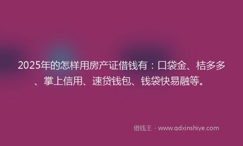 2025年的怎样用房产证借钱有：口袋金、桔多多、掌上信用、速贷钱包、钱袋快易融等。