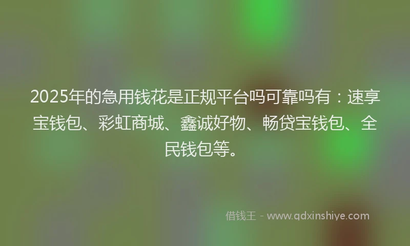 2025年的急用钱花是正规平台吗可靠吗有：速享宝钱包、彩虹商城、鑫诚好物、畅贷宝钱包、全民钱包等。