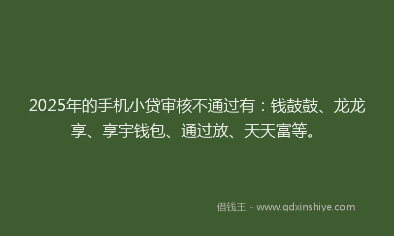 2025年的手机小贷审核不通过有：钱鼓鼓、龙龙享、享宇钱包、通过放、天天富等。