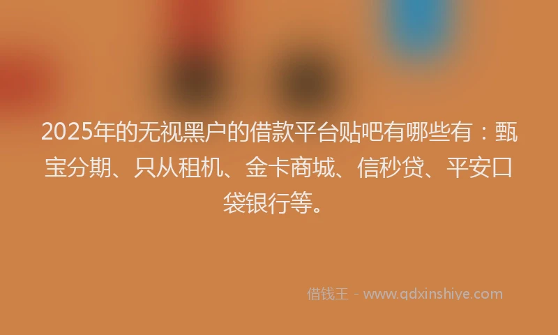 2025年的无视黑户的借款平台贴吧有哪些有：甄宝分期、只从租机、金卡商城、信秒贷、平安口袋银行等。