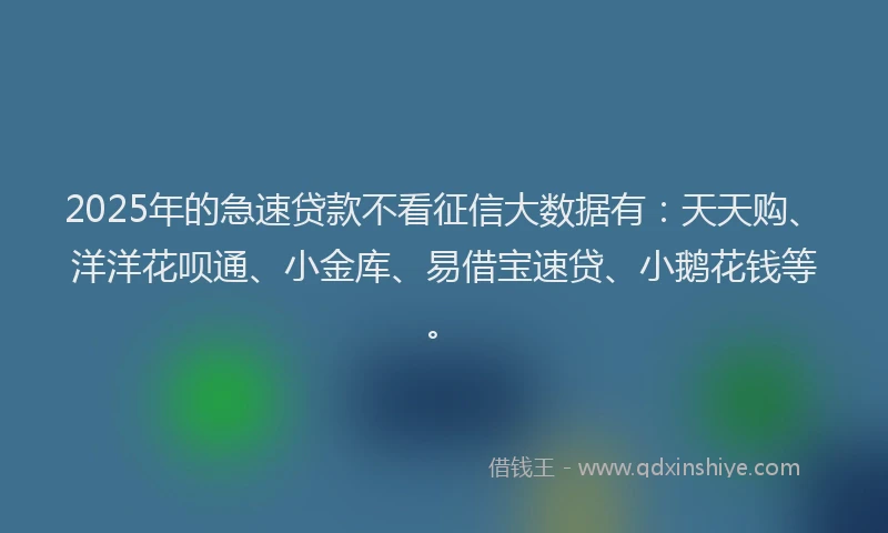 2025年的急速贷款不看征信大数据有：天天购、洋洋花呗通、小金库、易借宝速贷、小鹅花钱等。