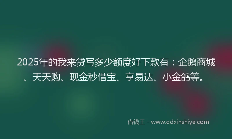 2025年的我来贷写多少额度好下款有：企鹅商城、天天购、现金秒借宝、享易达、小金鸽等。