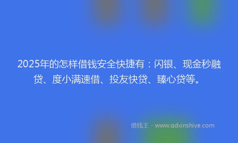 2025年的怎样借钱安全快捷有：闪银、现金秒融贷、度小满速借、投友快贷、臻心贷等。