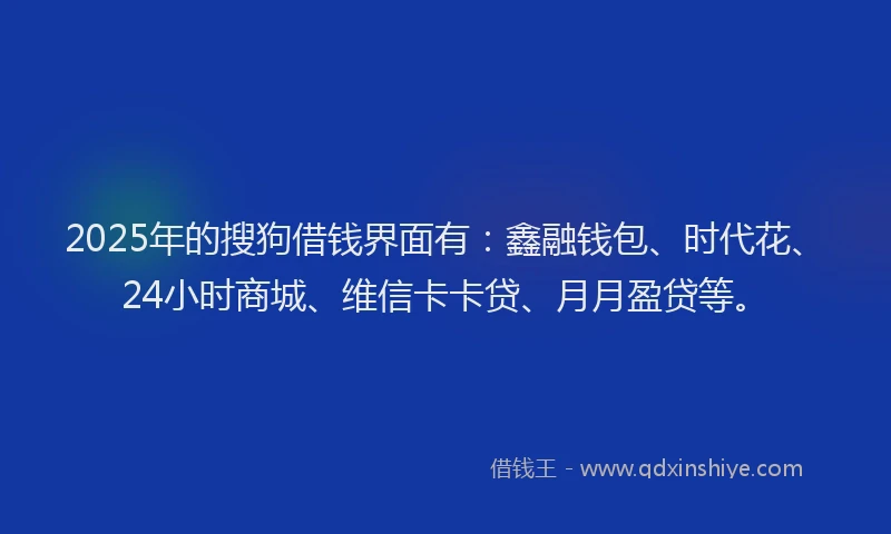 2025年的搜狗借钱界面有：鑫融钱包、时代花、24小时商城、维信卡卡贷、月月盈贷等。