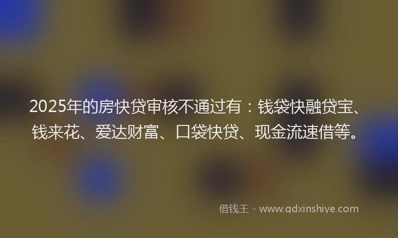 2025年的房快贷审核不通过有：钱袋快融贷宝、钱来花、爱达财富、口袋快贷、现金流速借等。