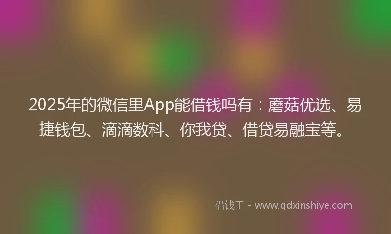 2025年的微信里App能借钱吗有：蘑菇优选、易捷钱包、滴滴数科、你我贷、借贷易融宝等。
