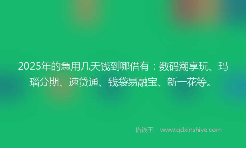 2025年的急用几天钱到哪借有：数码潮享玩、玛瑙分期、速贷通、钱袋易融宝、新一花等。