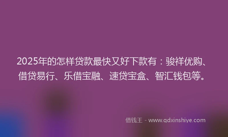 2025年的怎样贷款最快又好下款有：骏祥优购、借贷易行、乐借宝融、速贷宝盒、智汇钱包等。