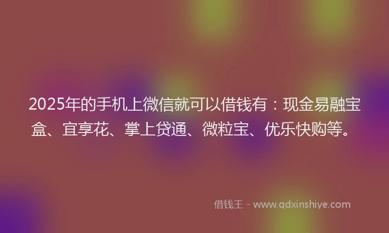 2025年的手机上微信就可以借钱有：现金易融宝盒、宜享花、掌上贷通、微粒宝、优乐快购等。