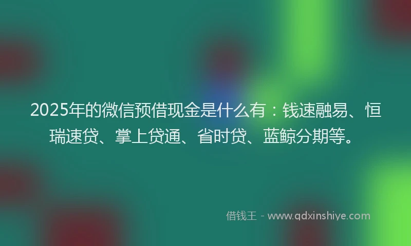 2025年的微信预借现金是什么有：钱速融易、恒瑞速贷、掌上贷通、省时贷、蓝鲸分期等。