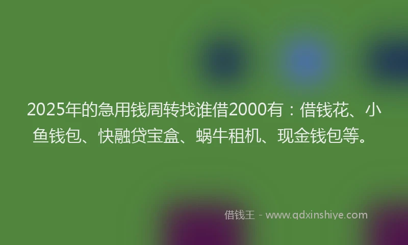 2025年的急用钱周转找谁借2000有：借钱花、小鱼钱包、快融贷宝盒、蜗牛租机、现金钱包等。
