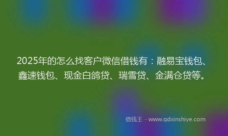 2025年的怎么找客户微信借钱有：融易宝钱包、鑫速钱包、现金白鸽贷、瑞雪贷、金满仓贷等。