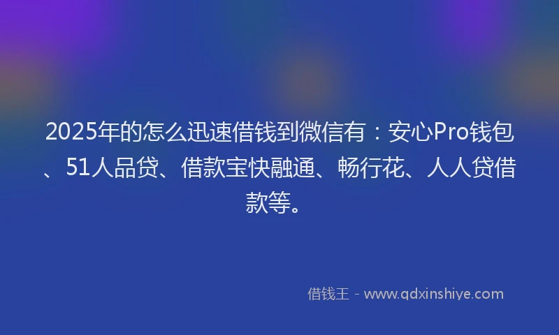 2025年的怎么迅速借钱到微信有：安心Pro钱包、51人品贷、借款宝快融通、畅行花、人人贷借款等。