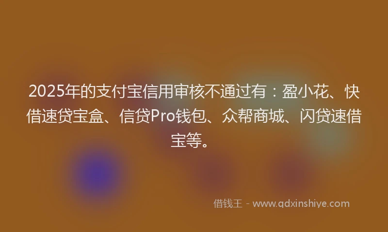 2025年的支付宝信用审核不通过有：盈小花、快借速贷宝盒、信贷Pro钱包、众帮商城、闪贷速借宝等。