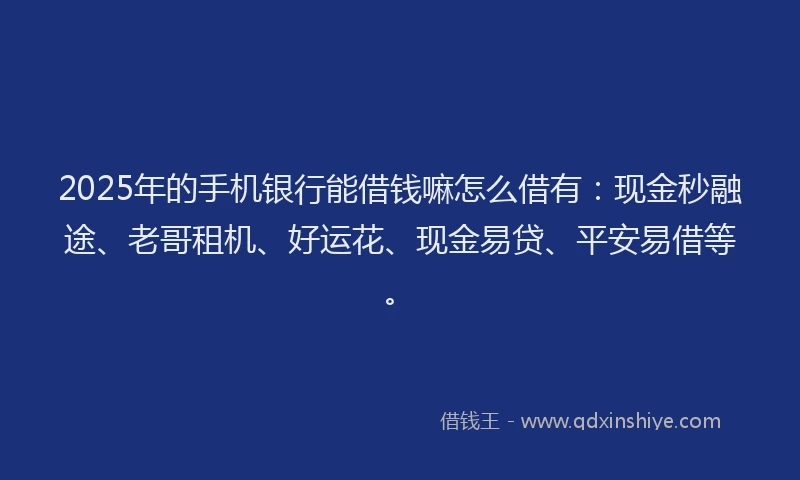 2025年的手机银行能借钱嘛怎么借有：现金秒融途、老哥租机、好运花、现金易贷、平安易借等。