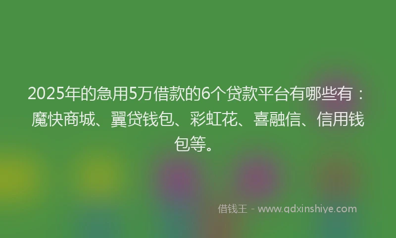2025年的急用5万借款的6个贷款平台有哪些有：魔快商城、翼贷钱包、彩虹花、喜融信、信用钱包等。