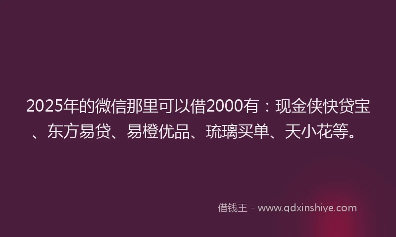 2025年的微信那里可以借2000有：现金侠快贷宝、东方易贷、易橙优品、琉璃买单、天小花等。