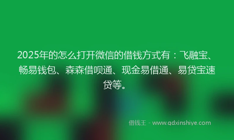 2025年的怎么打开微信的借钱方式有：飞融宝、畅易钱包、森森借呗通、现金易借通、易贷宝速贷等。