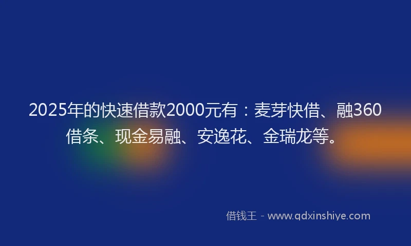 2025年的快速借款2000元有：麦芽快借、融360借条、现金易融、安逸花、金瑞龙等。