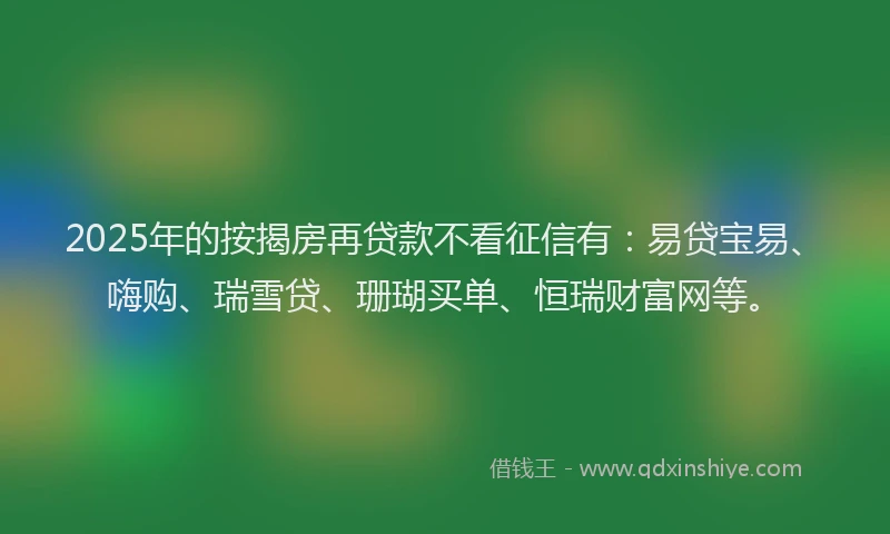 2025年的按揭房再贷款不看征信有：易贷宝易、嗨购、瑞雪贷、珊瑚买单、恒瑞财富网等。