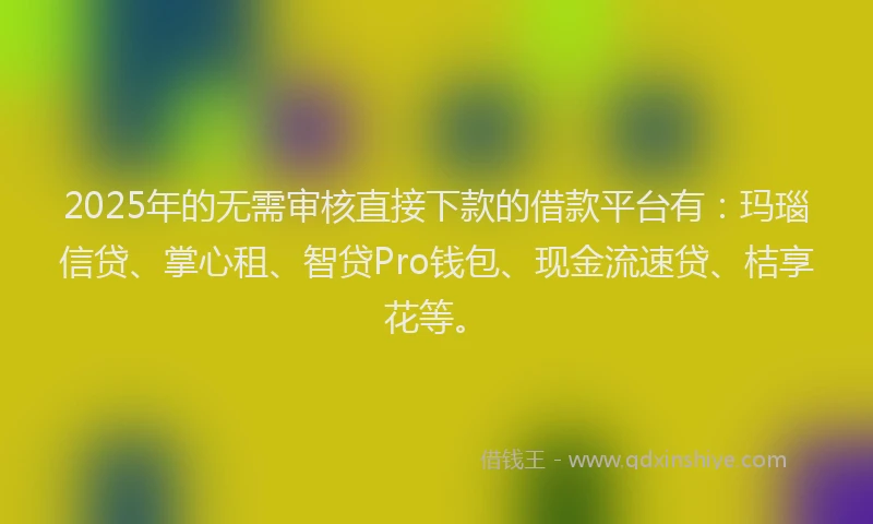 2025年的无需审核直接下款的借款平台有：玛瑙信贷、掌心租、智贷Pro钱包、现金流速贷、桔享花等。