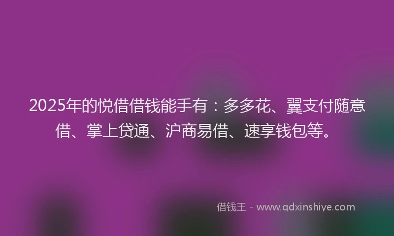 2025年的悦借借钱能手有：多多花、翼支付随意借、掌上贷通、沪商易借、速享钱包等。