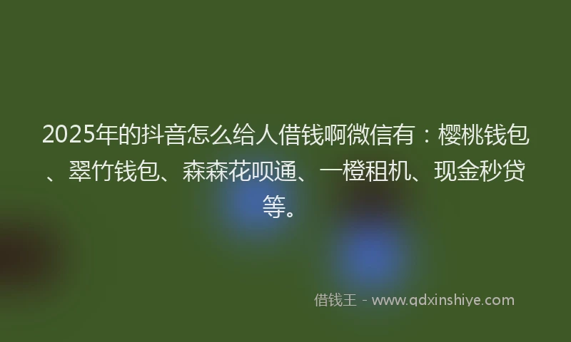 2025年的抖音怎么给人借钱啊微信有：樱桃钱包、翠竹钱包、森森花呗通、一橙租机、现金秒贷等。