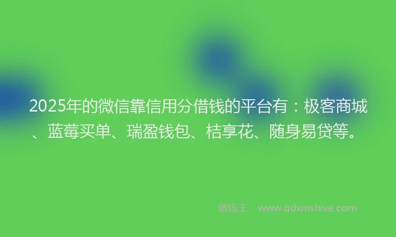 2025年的微信靠信用分借钱的平台有：极客商城、蓝莓买单、瑞盈钱包、桔享花、随身易贷等。