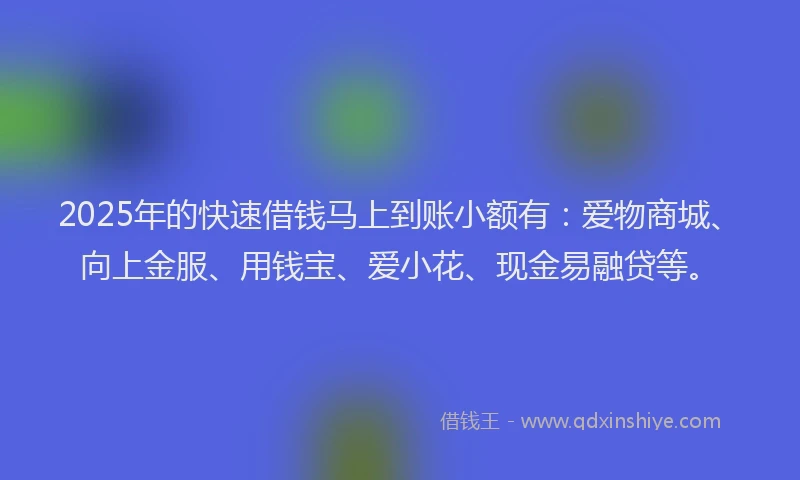 2025年的快速借钱马上到账小额有：爱物商城、向上金服、用钱宝、爱小花、现金易融贷等。